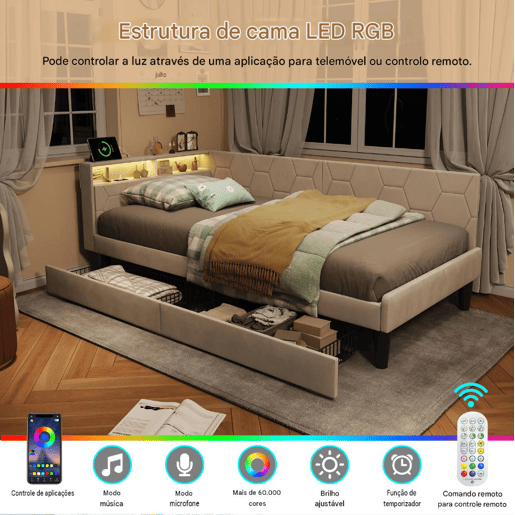 Cama estofada em veludo 90x200 cm com 2 gavetas, iluminação LED, porta de carregamento USB e Tipo-C, cama com arrumação, sofá-cama 2 em 1 (cama ou sofá), estrutura ripada, bege Cama estofada em veludo 90x200 cm com 2 gavetas, iluminação LED, porta de carregamento USB e Tipo-C, cama com arrumação, sofá-cama 2 em 1 (cama ou sofá), estrutura ripada, bege
