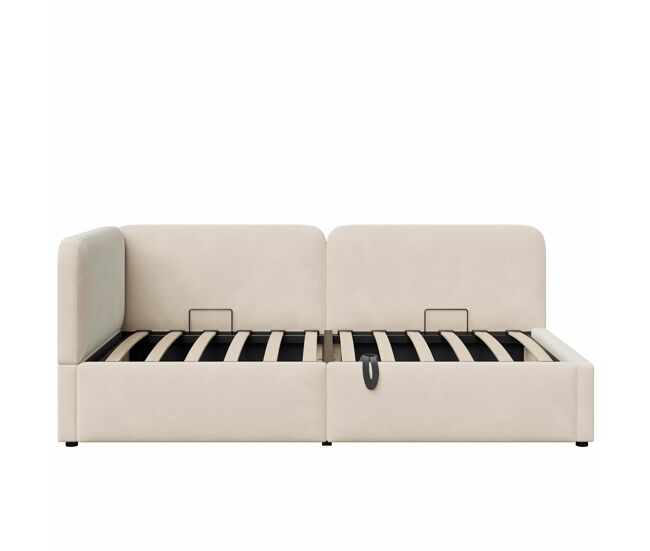 Cama tapizada 90x200 - sofá cama de terciopelo con almacenaje hidráulico, cabecero alto y respaldo intercambiable - beige