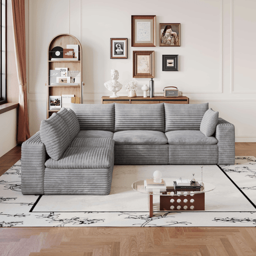 Sofá modular 260 x 250 cm u2013 modelo Cloud em veludo, dupla camada, almofadas com capas removíveis u2013 cinzento Sofá modular 260 x 250 cm u2013 modelo Cloud em veludo, dupla camada, almofadas com capas removíveis u2013 cinzento