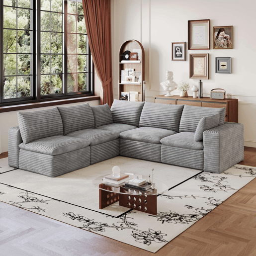 Sofá modular 260 x 250 cm u2013 modelo Cloud em veludo, dupla camada, almofadas com capas removíveis u2013 cinzento Sofá modular 260 x 250 cm u2013 modelo Cloud em veludo, dupla camada, almofadas com capas removíveis u2013 cinzento