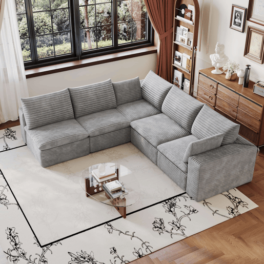 Sofá modular 260 x 250 cm u2013 modelo Cloud em veludo, dupla camada, almofadas com capas removíveis u2013 cinzento Sofá modular 260 x 250 cm u2013 modelo Cloud em veludo, dupla camada, almofadas com capas removíveis u2013 cinzento