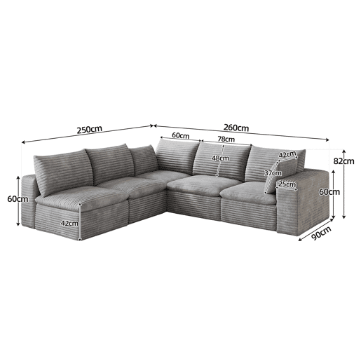 Sofá modular 260 x 250 cm u2013 modelo Cloud em veludo, dupla camada, almofadas com capas removíveis u2013 cinzento Sofá modular 260 x 250 cm u2013 modelo Cloud em veludo, dupla camada, almofadas com capas removíveis u2013 cinzento