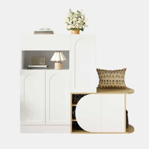 Armário com banco 130 x 35 x 110,5 cm u2013 5 portas, 1 gaveta, prateleira aberta e grande capacidade de arrumação u2013 Branco e madeira natural