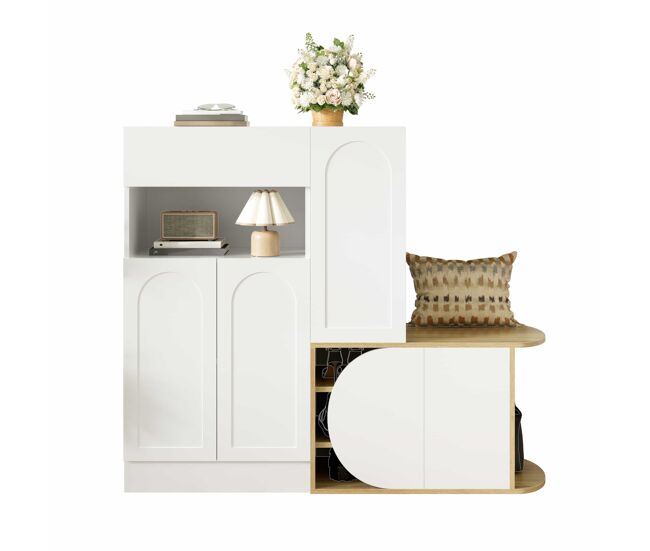 Zapatero con banco 130x35x110,5 cm - 5 puertas, 1 cajón, estante abierto y gran almacenamiento - blanco y madera natural