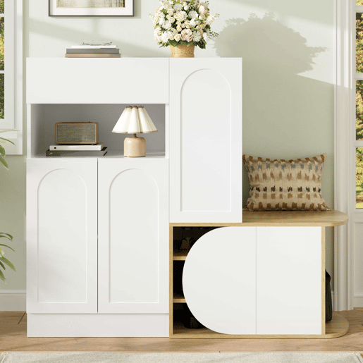 Armário com banco 130 x 35 x 110,5 cm u2013 5 portas, 1 gaveta, prateleira aberta e grande capacidade de arrumação u2013 Branco e madeira natural Armário com banco 130 x 35 x 110,5 cm u2013 5 portas, 1 gaveta, prateleira aberta e grande capacidade de arrumação u2013 Branco e madeira natural