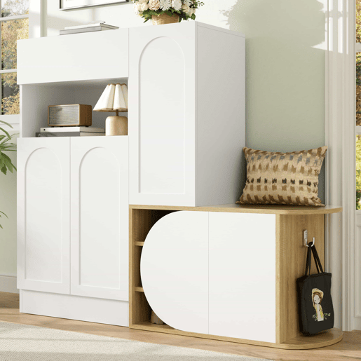 Armário com banco 130 x 35 x 110,5 cm u2013 5 portas, 1 gaveta, prateleira aberta e grande capacidade de arrumação u2013 Branco e madeira natural Armário com banco 130 x 35 x 110,5 cm u2013 5 portas, 1 gaveta, prateleira aberta e grande capacidade de arrumação u2013 Branco e madeira natural