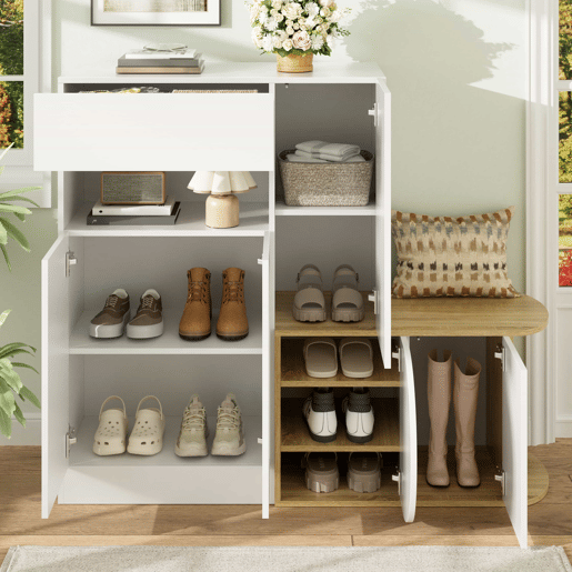 Armário com banco 130 x 35 x 110,5 cm u2013 5 portas, 1 gaveta, prateleira aberta e grande capacidade de arrumação u2013 Branco e madeira natural Armário com banco 130 x 35 x 110,5 cm u2013 5 portas, 1 gaveta, prateleira aberta e grande capacidade de arrumação u2013 Branco e madeira natural