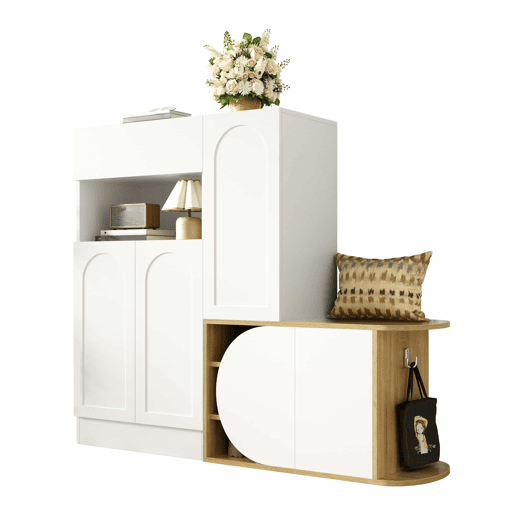 Armário com banco 130 x 35 x 110,5 cm u2013 5 portas, 1 gaveta, prateleira aberta e grande capacidade de arrumação u2013 Branco e madeira natural Armário com banco 130 x 35 x 110,5 cm u2013 5 portas, 1 gaveta, prateleira aberta e grande capacidade de arrumação u2013 Branco e madeira natural
