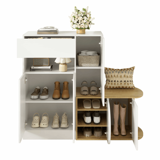 Armário com banco 130 x 35 x 110,5 cm u2013 5 portas, 1 gaveta, prateleira aberta e grande capacidade de arrumação u2013 Branco e madeira natural Armário com banco 130 x 35 x 110,5 cm u2013 5 portas, 1 gaveta, prateleira aberta e grande capacidade de arrumação u2013 Branco e madeira natural