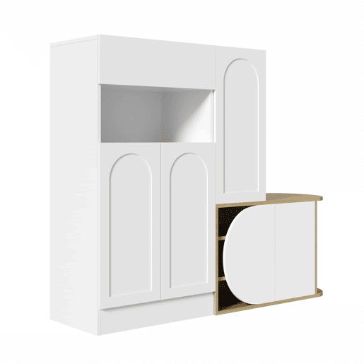 Armário com banco 130 x 35 x 110,5 cm u2013 5 portas, 1 gaveta, prateleira aberta e grande capacidade de arrumação u2013 Branco e madeira natural Armário com banco 130 x 35 x 110,5 cm u2013 5 portas, 1 gaveta, prateleira aberta e grande capacidade de arrumação u2013 Branco e madeira natural