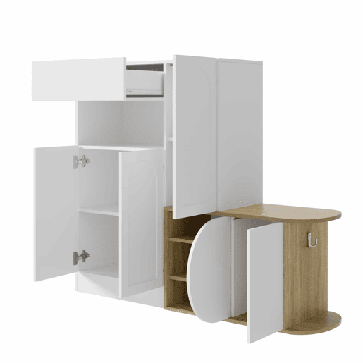 Armário com banco 130 x 35 x 110,5 cm u2013 5 portas, 1 gaveta, prateleira aberta e grande capacidade de arrumação u2013 Branco e madeira natural Armário com banco 130 x 35 x 110,5 cm u2013 5 portas, 1 gaveta, prateleira aberta e grande capacidade de arrumação u2013 Branco e madeira natural