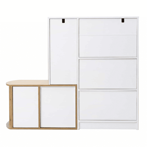 Armário com banco 130 x 35 x 110,5 cm u2013 5 portas, 1 gaveta, prateleira aberta e grande capacidade de arrumação u2013 Branco e madeira natural Armário com banco 130 x 35 x 110,5 cm u2013 5 portas, 1 gaveta, prateleira aberta e grande capacidade de arrumação u2013 Branco e madeira natural