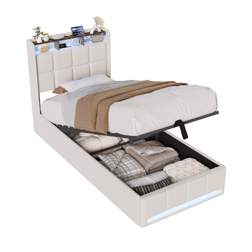 Cama estofada de 90x200 cm com baú, função hidráulica, iluminação LED, porta de carregamento USB e Tipo-C, cabeceira com prateleira, estrado de ripas, tecido de linho, bege Cama estofada de 90x200 cm com baú, função hidráulica, iluminação LED, porta de carregamento USB e Tipo-C, cabeceira com prateleira, estrado de ripas, tecido de linho, bege