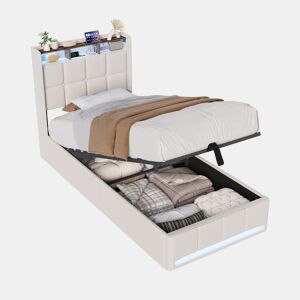 Cama estofada de 90x200 cm com baú, função hidráulica, iluminação LED, porta de carregamento USB e Tipo-C, cabeceira com prateleira, estrado de ripas, tecido de linho, bege