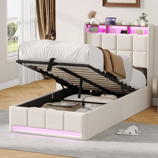 Cama estofada de 90x200 cm com baú, função hidráulica, iluminação LED, porta de carregamento USB e Tipo-C, cabeceira com prateleira, estrado de ripas, tecido de linho, bege Cama estofada de 90x200 cm com baú, função hidráulica, iluminação LED, porta de carregamento USB e Tipo-C, cabeceira com prateleira, estrado de ripas, tecido de linho, bege