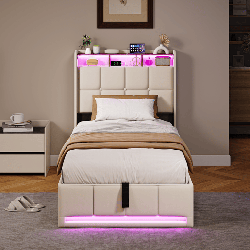 Cama estofada de 90x200 cm com baú, função hidráulica, iluminação LED, porta de carregamento USB e Tipo-C, cabeceira com prateleira, estrado de ripas, tecido de linho, bege Cama estofada de 90x200 cm com baú, função hidráulica, iluminação LED, porta de carregamento USB e Tipo-C, cabeceira com prateleira, estrado de ripas, tecido de linho, bege