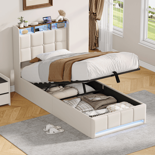 Cama estofada de 90x200 cm com baú, função hidráulica, iluminação LED, porta de carregamento USB e Tipo-C, cabeceira com prateleira, estrado de ripas, tecido de linho, bege Cama estofada de 90x200 cm com baú, função hidráulica, iluminação LED, porta de carregamento USB e Tipo-C, cabeceira com prateleira, estrado de ripas, tecido de linho, bege