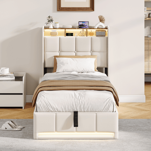 Cama estofada de 90x200 cm com baú, função hidráulica, iluminação LED, porta de carregamento USB e Tipo-C, cabeceira com prateleira, estrado de ripas, tecido de linho, bege Cama estofada de 90x200 cm com baú, função hidráulica, iluminação LED, porta de carregamento USB e Tipo-C, cabeceira com prateleira, estrado de ripas, tecido de linho, bege