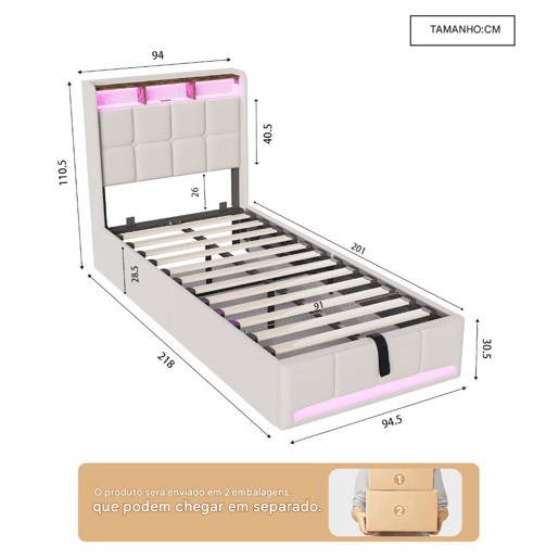 Cama estofada de 90x200 cm com baú, função hidráulica, iluminação LED, porta de carregamento USB e Tipo-C, cabeceira com prateleira, estrado de ripas, tecido de linho, bege Cama estofada de 90x200 cm com baú, função hidráulica, iluminação LED, porta de carregamento USB e Tipo-C, cabeceira com prateleira, estrado de ripas, tecido de linho, bege