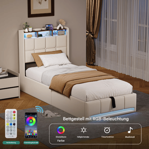 Cama estofada de 90x200 cm com baú, função hidráulica, iluminação LED, porta de carregamento USB e Tipo-C, cabeceira com prateleira, estrado de ripas, tecido de linho, bege Cama estofada de 90x200 cm com baú, função hidráulica, iluminação LED, porta de carregamento USB e Tipo-C, cabeceira com prateleira, estrado de ripas, tecido de linho, bege