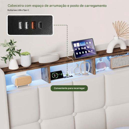 Cama estofada de 90x200 cm com baú, função hidráulica, iluminação LED, porta de carregamento USB e Tipo-C, cabeceira com prateleira, estrado de ripas, tecido de linho, bege Cama estofada de 90x200 cm com baú, função hidráulica, iluminação LED, porta de carregamento USB e Tipo-C, cabeceira com prateleira, estrado de ripas, tecido de linho, bege