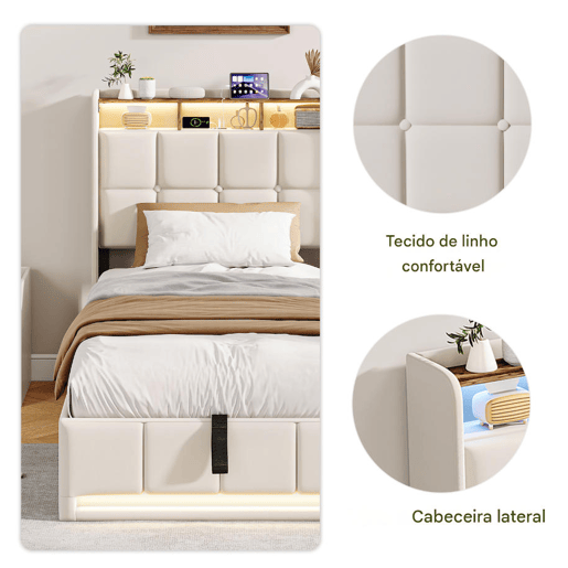 Cama estofada de 90x200 cm com baú, função hidráulica, iluminação LED, porta de carregamento USB e Tipo-C, cabeceira com prateleira, estrado de ripas, tecido de linho, bege Cama estofada de 90x200 cm com baú, função hidráulica, iluminação LED, porta de carregamento USB e Tipo-C, cabeceira com prateleira, estrado de ripas, tecido de linho, bege