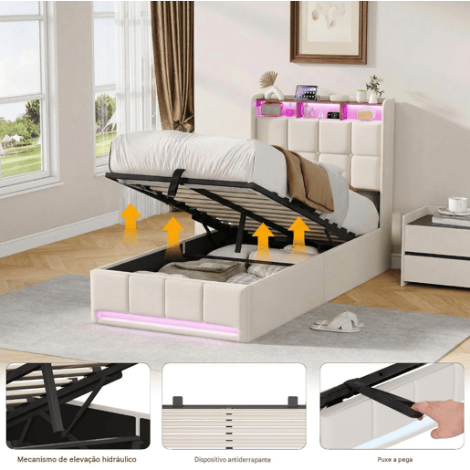 Cama estofada de 90x200 cm com baú, função hidráulica, iluminação LED, porta de carregamento USB e Tipo-C, cabeceira com prateleira, estrado de ripas, tecido de linho, bege Cama estofada de 90x200 cm com baú, função hidráulica, iluminação LED, porta de carregamento USB e Tipo-C, cabeceira com prateleira, estrado de ripas, tecido de linho, bege