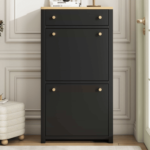 Armário 50 × 24 × 95 cm u2014 com 1 gaveta, 2 portas basculantes, prateleiras ajustáveis e puxadores metálicos u2014 PretoMadeira Armário 50 × 24 × 95 cm u2014 com 1 gaveta, 2 portas basculantes, prateleiras ajustáveis e puxadores metálicos u2014 PretoMadeira