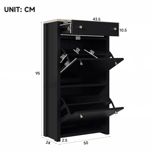 Armário 50 × 24 × 95 cm u2014 com 1 gaveta, 2 portas basculantes, prateleiras ajustáveis e puxadores metálicos u2014 PretoMadeira Armário 50 × 24 × 95 cm u2014 com 1 gaveta, 2 portas basculantes, prateleiras ajustáveis e puxadores metálicos u2014 PretoMadeira