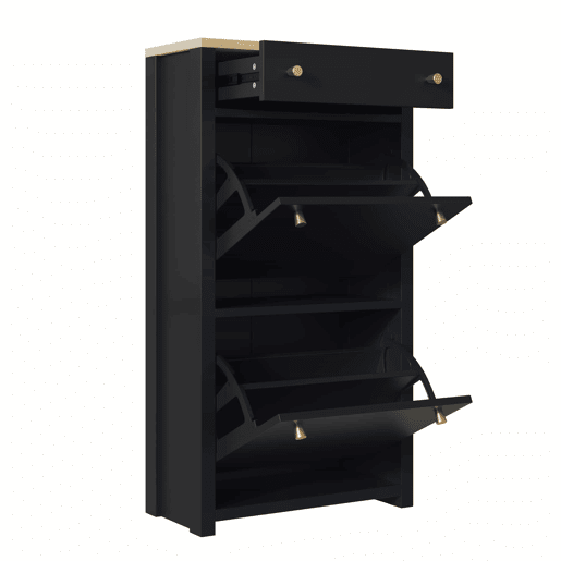Armário 50 × 24 × 95 cm u2014 com 1 gaveta, 2 portas basculantes, prateleiras ajustáveis e puxadores metálicos u2014 PretoMadeira Armário 50 × 24 × 95 cm u2014 com 1 gaveta, 2 portas basculantes, prateleiras ajustáveis e puxadores metálicos u2014 PretoMadeira