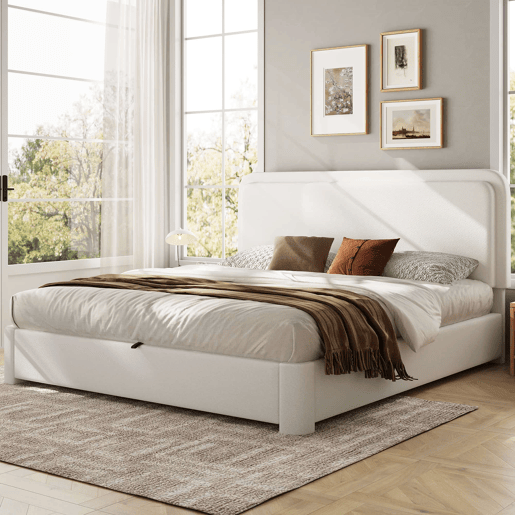 Cama de casal 160x200 cm - hidráulica com espaço de arrumação, cabeceira ajustável e almofadada, com base de colchão - branco bouclé