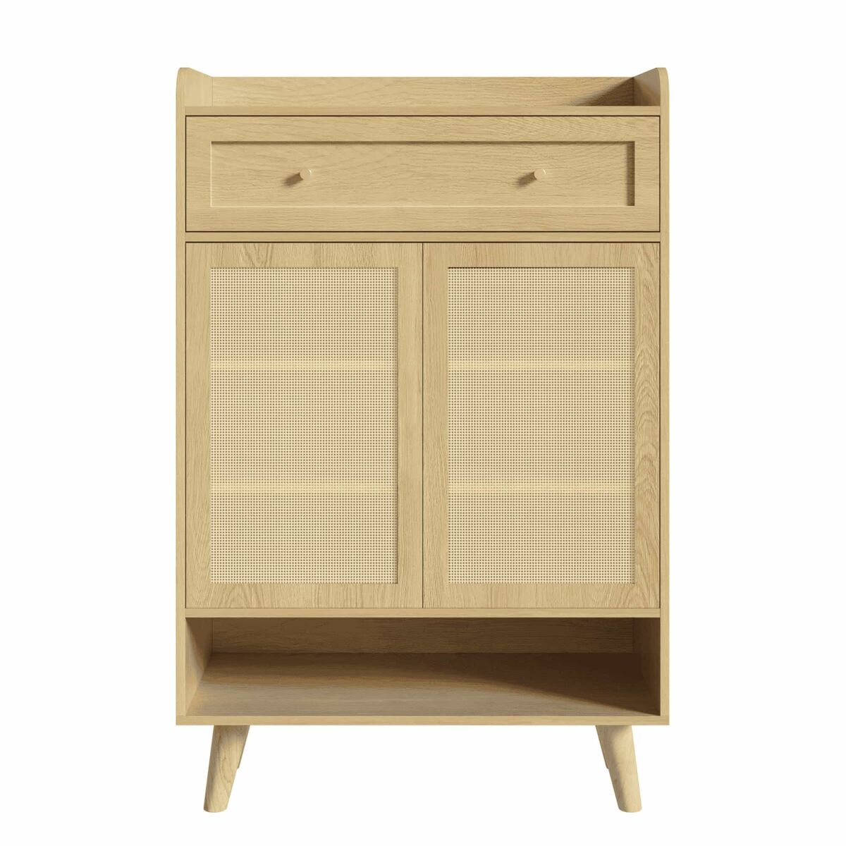Zapatero 80x105x35 cm - con 2 puertas de ratán, 4 estantes, 1 cajón y estante superior abierto - roble claro