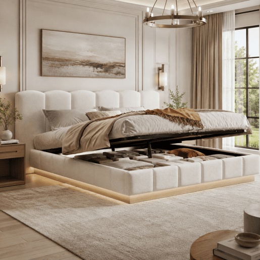 Cama de casal de tecido 180x200 cm com armazenamento e luz led,branco
