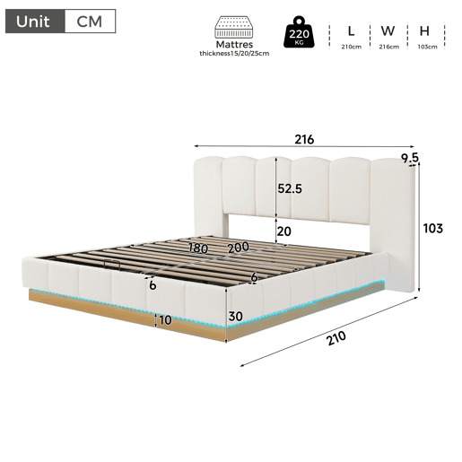 Cama de casal de tecido 180x200 cm com armazenamento e luz led,branco