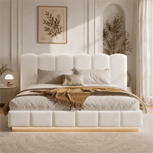 Cama de casal de tecido 180x200 cm com armazenamento e luz led,branco