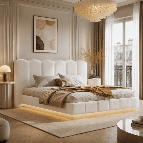 Cama de casal de tecido 180x200 cm com armazenamento e luz led,branco
