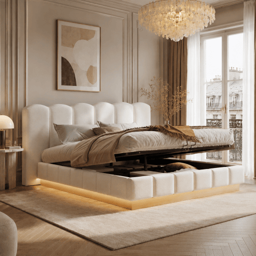 Cama de casal de tecido 180x200 cm com armazenamento e luz led,branco