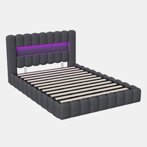Cama estofada 160x200 cm, cama com estrado hidráulico, cama com estrado de ripas, candeeiro de leitura com porta de carregamento USB e iluminação LED, cama com baú, cama de casal, cama juvenil (cinza)