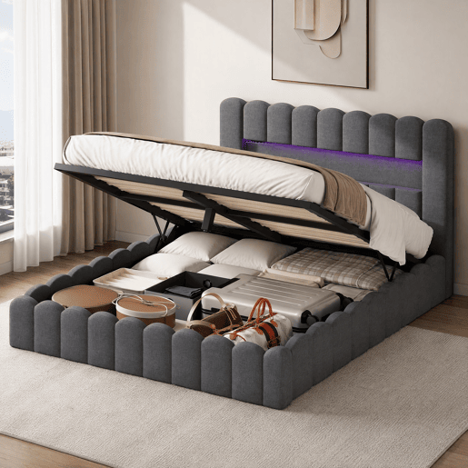 Cama estofada 160x200 cm, cama com estrado hidráulico, cama com estrado de ripas, candeeiro de leitura com porta de carregamento USB e iluminação LED, cama com baú, cama de casal, cama juvenil (cinza) Cama estofada 160x200 cm, cama com estrado hidráulico, cama com estrado de ripas, candeeiro de leitura com porta de carregamento USB e iluminação LED, cama com baú, cama de casal, cama juvenil (cinza)