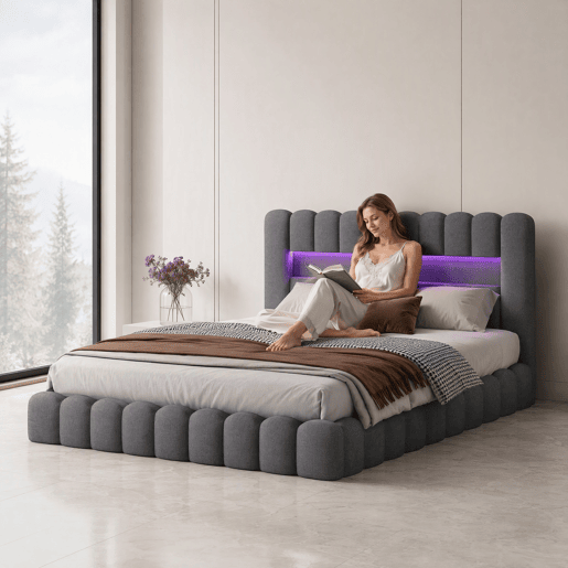 Cama estofada 160x200 cm, cama com estrado hidráulico, cama com estrado de ripas, candeeiro de leitura com porta de carregamento USB e iluminação LED, cama com baú, cama de casal, cama juvenil (cinza) Cama estofada 160x200 cm, cama com estrado hidráulico, cama com estrado de ripas, candeeiro de leitura com porta de carregamento USB e iluminação LED, cama com baú, cama de casal, cama juvenil (cinza)