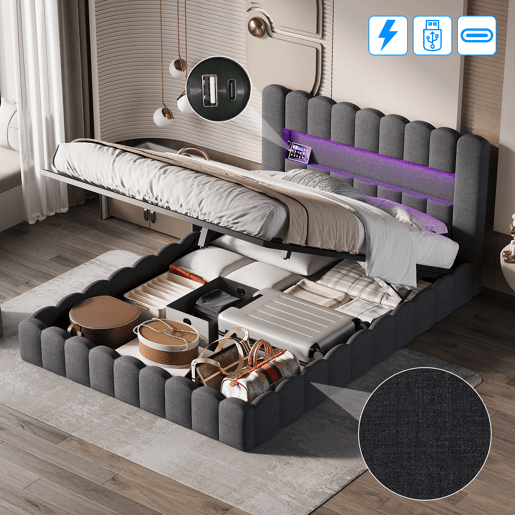 Cama estofada 160x200 cm, cama com estrado hidráulico, cama com estrado de ripas, candeeiro de leitura com porta de carregamento USB e iluminação LED, cama com baú, cama de casal, cama juvenil (cinza) Cama estofada 160x200 cm, cama com estrado hidráulico, cama com estrado de ripas, candeeiro de leitura com porta de carregamento USB e iluminação LED, cama com baú, cama de casal, cama juvenil (cinza)