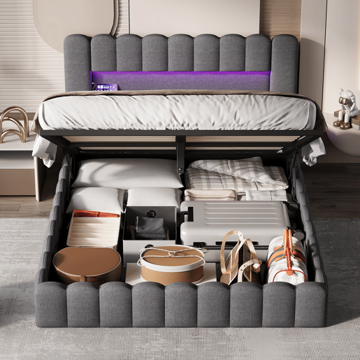 Cama estofada 160x200 cm, cama com estrado hidráulico, cama com estrado de ripas, candeeiro de leitura com porta de carregamento USB e iluminação LED, cama com baú, cama de casal, cama juvenil (cinza) Cama estofada 160x200 cm, cama com estrado hidráulico, cama com estrado de ripas, candeeiro de leitura com porta de carregamento USB e iluminação LED, cama com baú, cama de casal, cama juvenil (cinza)