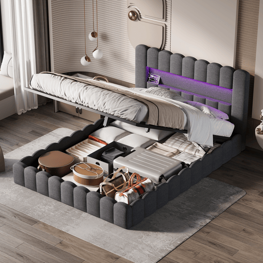 Cama estofada 160x200 cm, cama com estrado hidráulico, cama com estrado de ripas, candeeiro de leitura com porta de carregamento USB e iluminação LED, cama com baú, cama de casal, cama juvenil (cinza) Cama estofada 160x200 cm, cama com estrado hidráulico, cama com estrado de ripas, candeeiro de leitura com porta de carregamento USB e iluminação LED, cama com baú, cama de casal, cama juvenil (cinza)