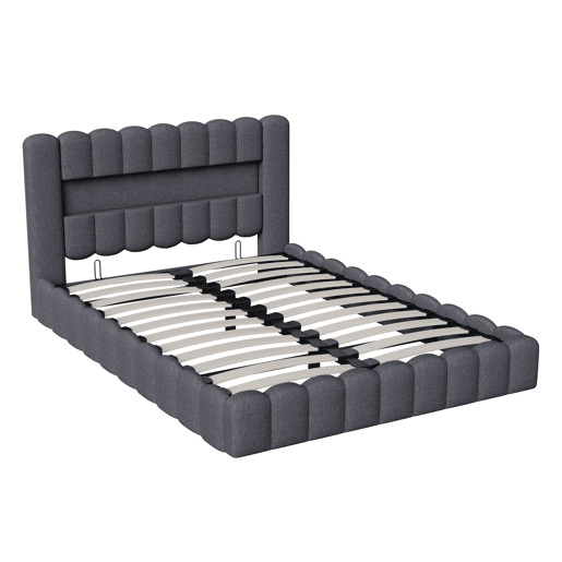 Cama estofada 160x200 cm, cama com estrado hidráulico, cama com estrado de ripas, candeeiro de leitura com porta de carregamento USB e iluminação LED, cama com baú, cama de casal, cama juvenil (cinza) Cama estofada 160x200 cm, cama com estrado hidráulico, cama com estrado de ripas, candeeiro de leitura com porta de carregamento USB e iluminação LED, cama com baú, cama de casal, cama juvenil (cinza)
