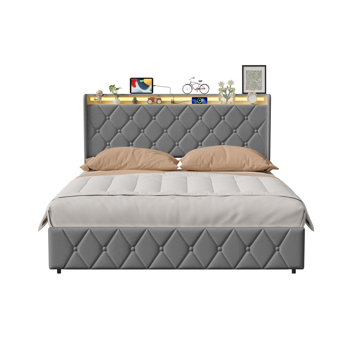 Cama tapizada de 160x200 cm con cajón de almacenamiento, cama doble de terciopelo gris, cama con almacenamiento hidráulico con led, puerto de carga