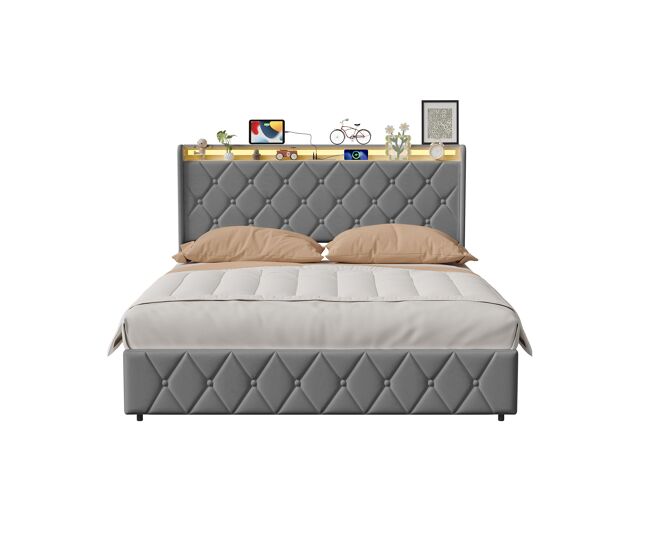 Cama tapizada de 160x200 cm con cajón de almacenamiento, cama doble de terciopelo gris, cama con almacenamiento hidráulico con led, puerto de carga