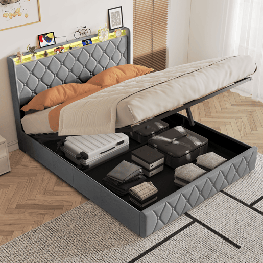 Cama estofada de 160x200 cm com baú, cama de casal em veludo cinza, cama com baú hidráulico com LED, porta de carregamento USB e Tipo-C, estrado de ripas incluído. Cama estofada de 160x200 cm com baú, cama de casal em veludo cinza, cama com baú hidráulico com LED, porta de carregamento USB e Tipo-C, estrado de ripas incluído.