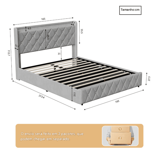 Cama estofada de 160x200 cm com baú, cama de casal em veludo cinza, cama com baú hidráulico com LED, porta de carregamento USB e Tipo-C, estrado de ripas incluído. Cama estofada de 160x200 cm com baú, cama de casal em veludo cinza, cama com baú hidráulico com LED, porta de carregamento USB e Tipo-C, estrado de ripas incluído.
