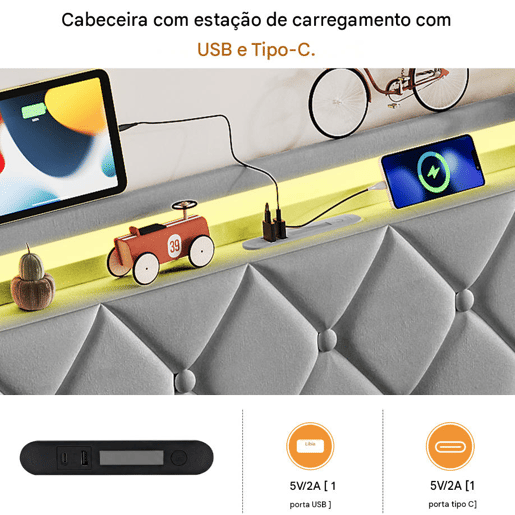 Cama estofada de 160x200 cm com baú, cama de casal em veludo cinza, cama com baú hidráulico com LED, porta de carregamento USB e Tipo-C, estrado de ripas incluído. Cama estofada de 160x200 cm com baú, cama de casal em veludo cinza, cama com baú hidráulico com LED, porta de carregamento USB e Tipo-C, estrado de ripas incluído.
