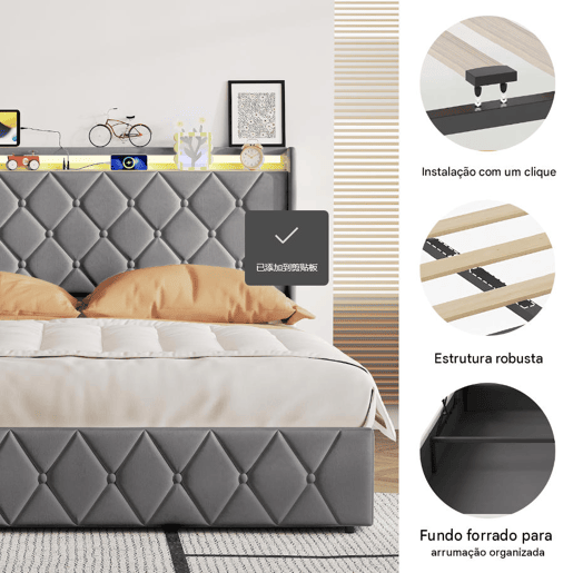 Cama estofada de 160x200 cm com baú, cama de casal em veludo cinza, cama com baú hidráulico com LED, porta de carregamento USB e Tipo-C, estrado de ripas incluído. Cama estofada de 160x200 cm com baú, cama de casal em veludo cinza, cama com baú hidráulico com LED, porta de carregamento USB e Tipo-C, estrado de ripas incluído.
